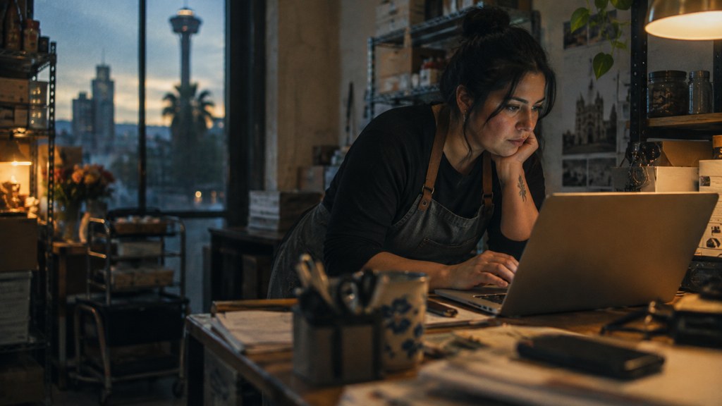 A small-business owner in an apron leaning over a laptop on a cluttered back-office desk late in the day, photographed in San Antonio