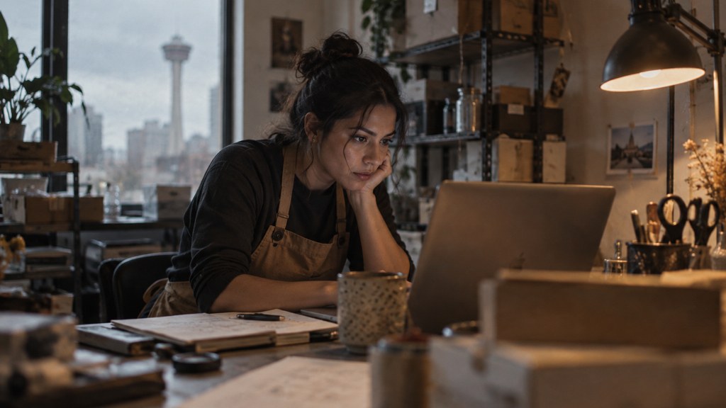 A small-business owner in an apron leaning over a laptop on a cluttered back-office desk late in the day, photographed in San Antonio