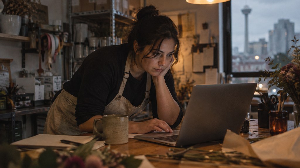 A small-business owner in an apron leaning over a laptop on a cluttered back-office desk late in the day, photographed in San Antonio