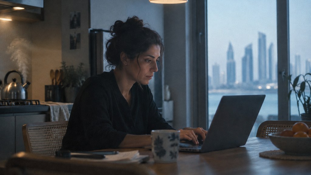 A service-business owner at a kitchen table typing a question into a laptop while a kettle steams behind, photographed in Abu Dhabi