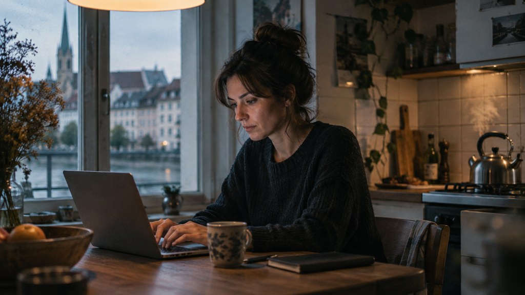 A service-business owner at a kitchen table typing a question into a laptop while a kettle steams behind, photographed in Basel