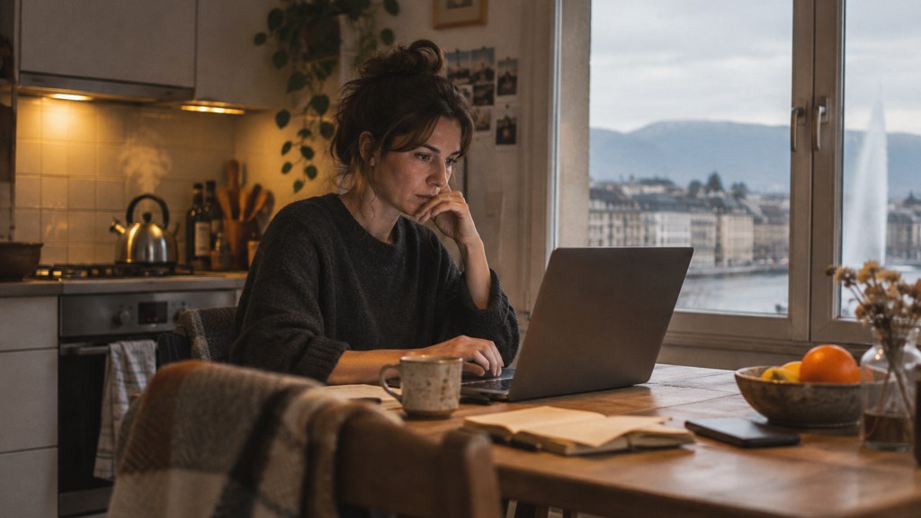 A service-business owner at a kitchen table typing a question into a laptop while a kettle steams behind, photographed in Geneva