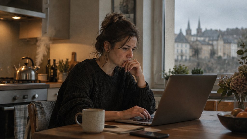 A service-business owner at a kitchen table typing a question into a laptop while a kettle steams behind, photographed in Luxembourg