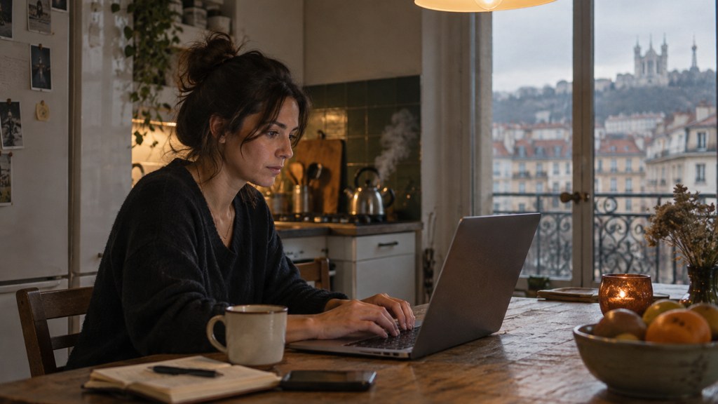 A service-business owner at a kitchen table typing a question into a laptop while a kettle steams behind, photographed in Lyon