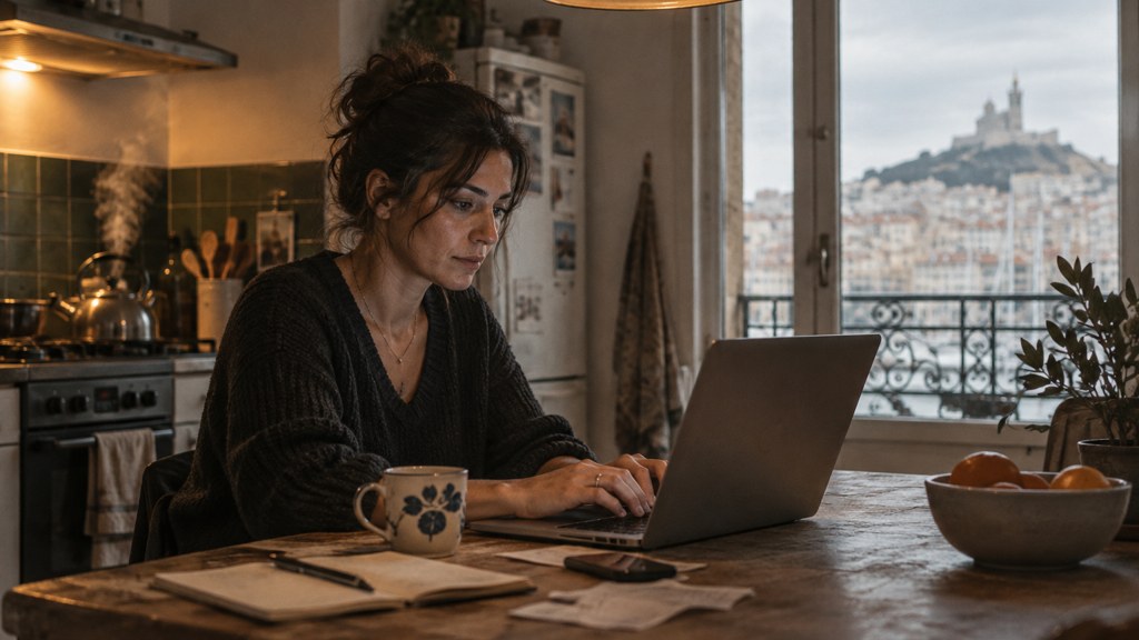 A service-business owner at a kitchen table typing a question into a laptop while a kettle steams behind, photographed in Marseille
