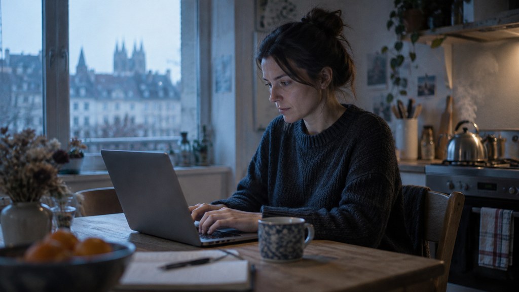 A service-business owner at a kitchen table typing a question into a laptop while a kettle steams behind, photographed in Nantes