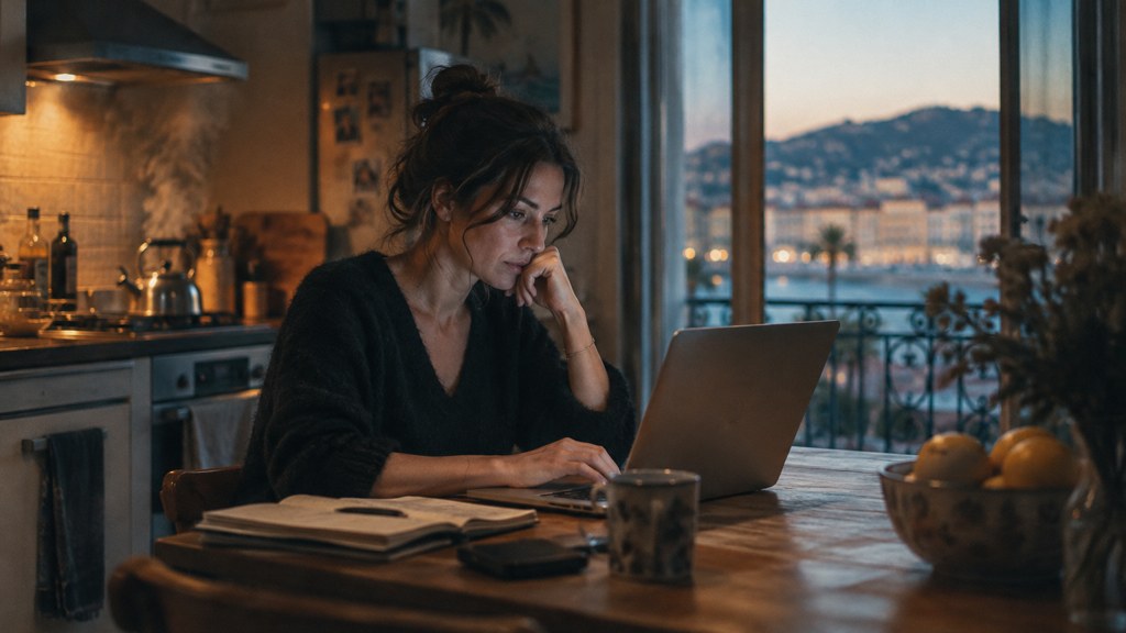 A service-business owner at a kitchen table typing a question into a laptop while a kettle steams behind, photographed in Nice