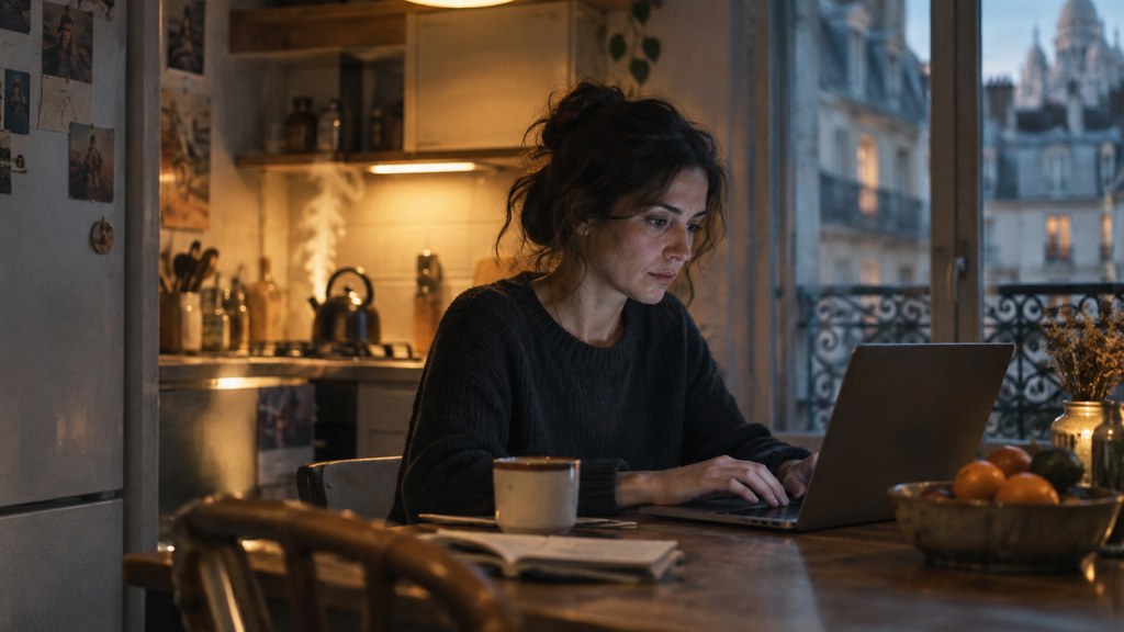 A service-business owner at a kitchen table typing a question into a laptop while a kettle steams behind, photographed in Paris