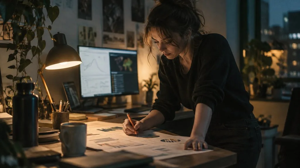 Paid search manager reviewing a printed Google Ads campaign report at her desk in the evening