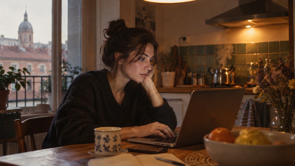 A service-business owner at a kitchen table typing a question into a laptop while a kettle steams behind, photographed in Toulouse