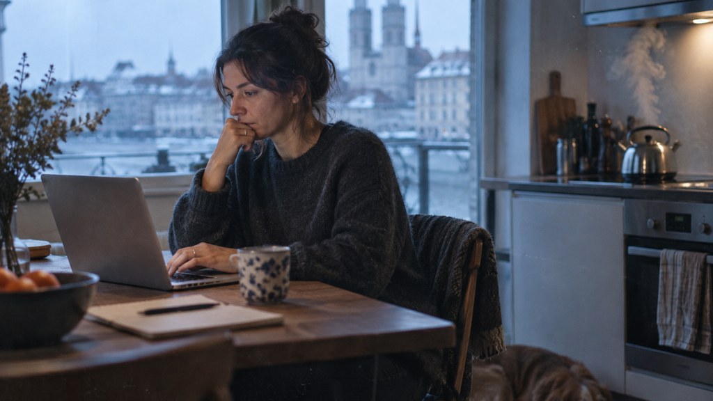 A service-business owner at a kitchen table typing a question into a laptop while a kettle steams behind, photographed in Zurich