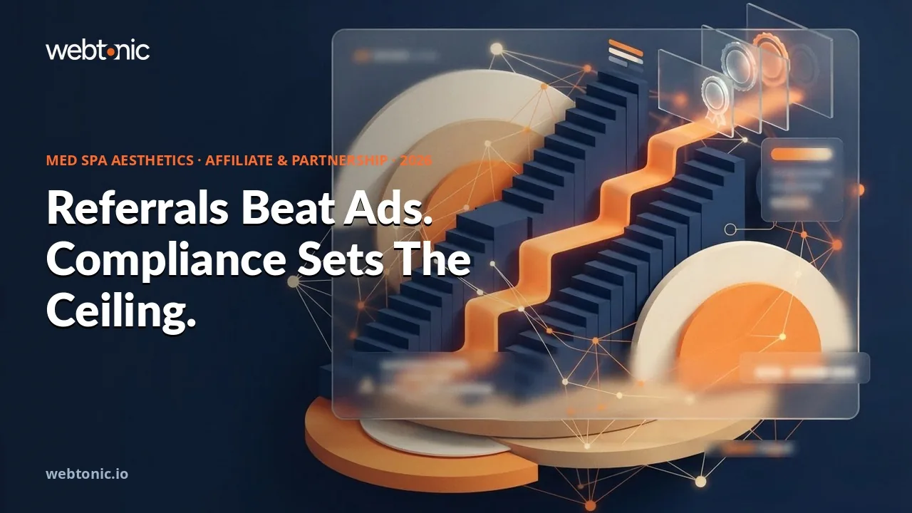 Med spa aesthetics affiliate and partnership marketing statistics 2026 thumbnail showing 42 percent of new patients from referral networks against 58 percent from paid channels