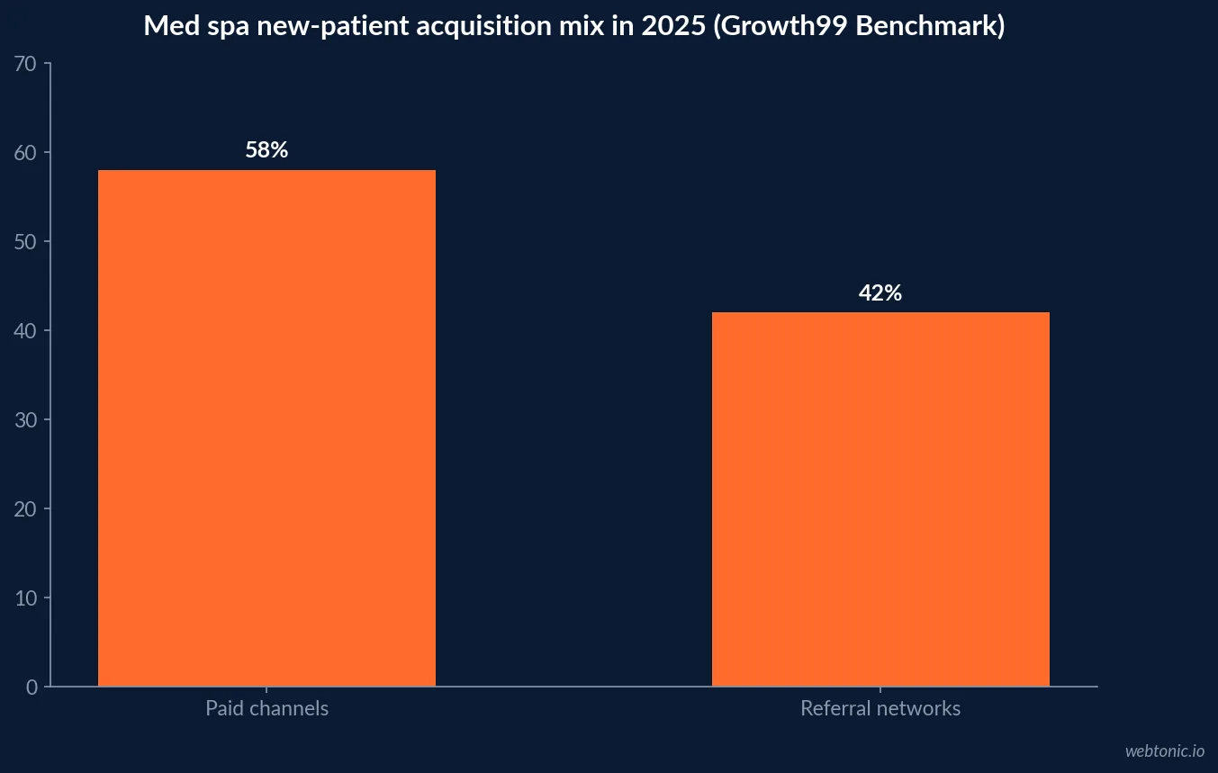 Bar chart comparing the share of new medical spa patients acquired through paid marketing channels at fifty eight percent against referral networks at forty two percent, Growth99 2025 benchmark