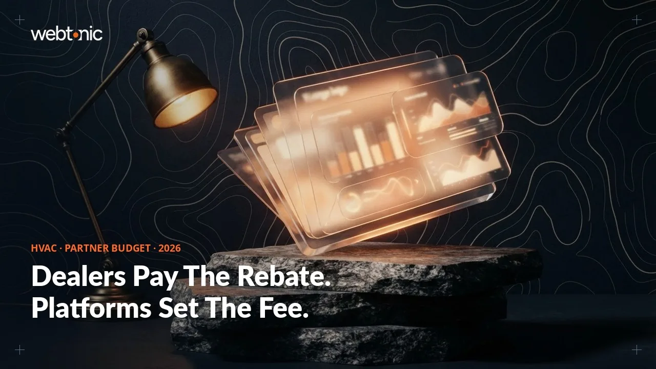 HVAC affiliate and partnership marketing statistics 2026 thumbnail showing Angi's 10 percent subscription fee cap against Rheem's USD 525 per unit dealer CashBack