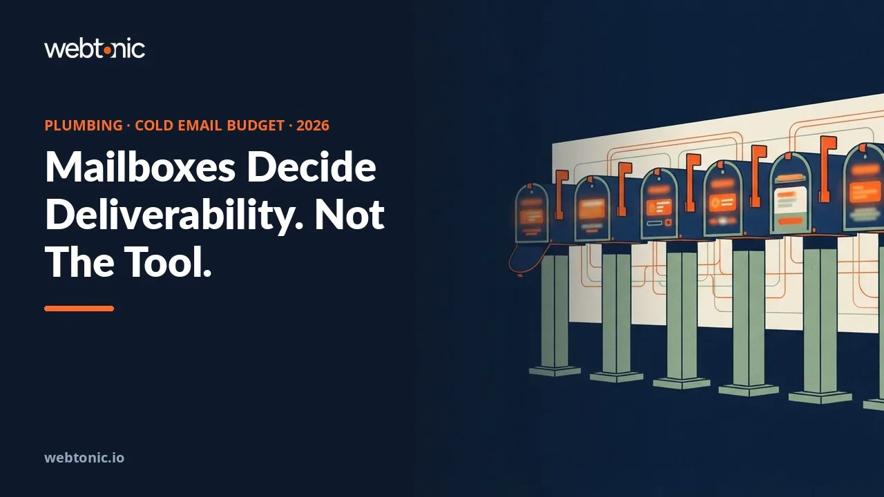 Plumbing cold email outbound budget statistics 2026 thumbnail showing a 1.5 percent median reply rate against a 0.3 percent spam complaint ceiling