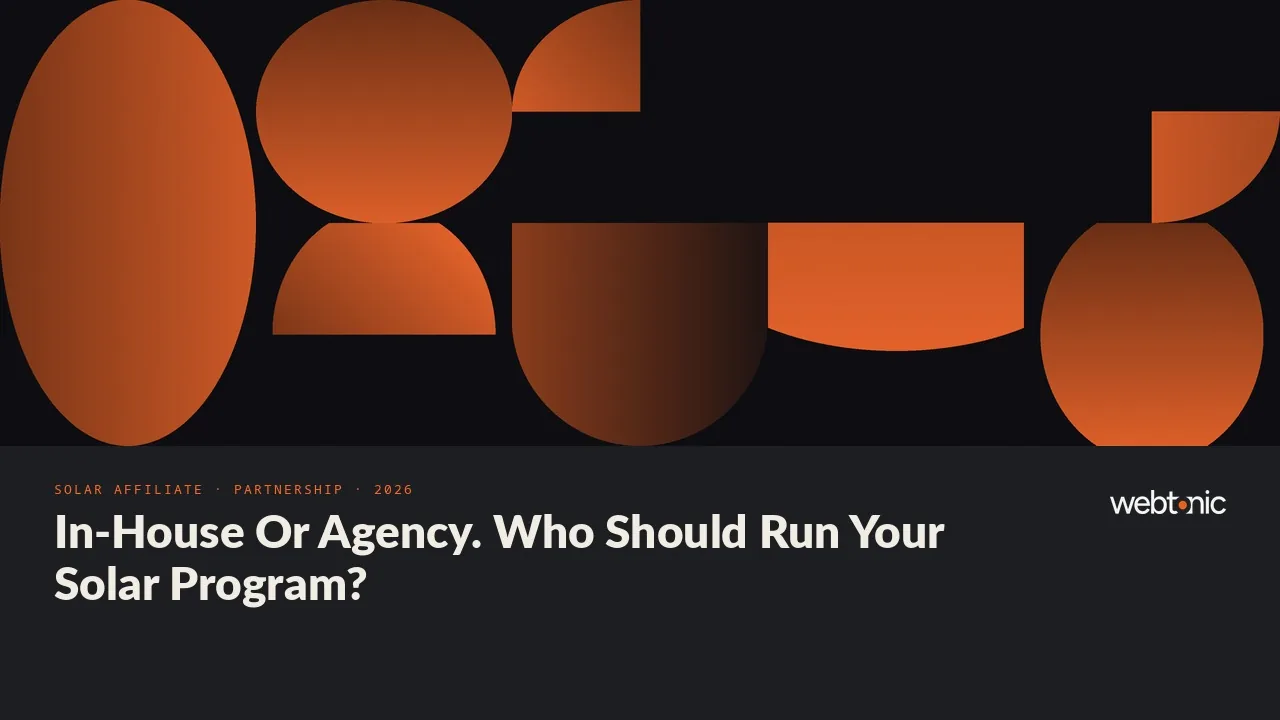 Solar affiliate and partnership marketing statistics 2026 thumbnail showing 77.5 percent of US affiliate programs managed by an agency versus 17.8 percent in-house