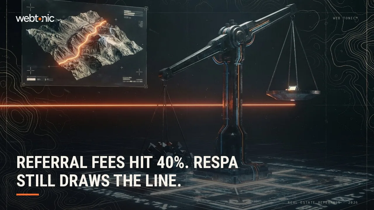 Real estate affiliate and partnership marketing benchmarks 2026 thumbnail showing referral fees up to 40 percent of commission against RESPA Section 8 limits