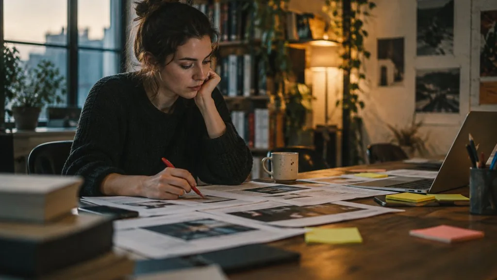 Content strategist marking up printed article drafts with a red pen at a studio table in the late afternoon
