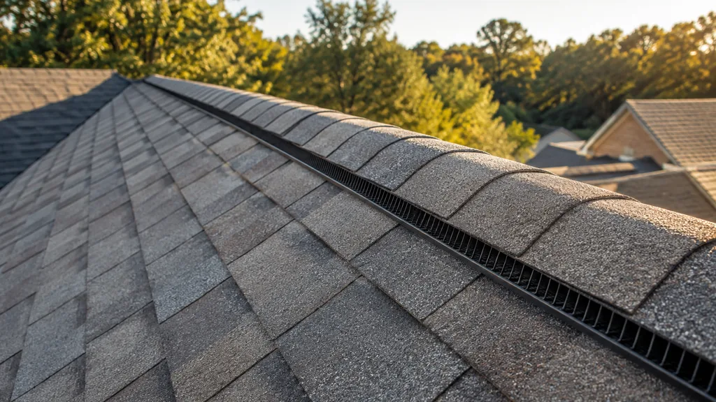 An empty roof surface: a section of architectural asphalt shingle roof with a clean ridge vent under warm Georgia afternoon light