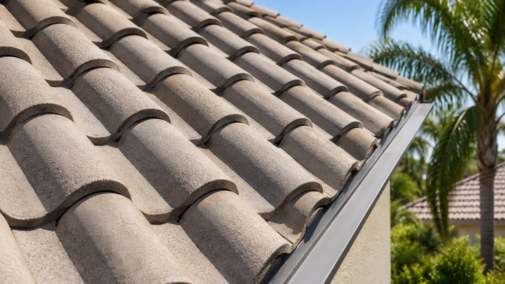 An empty roof surface: a plain concrete barrel-tile roof slope under bright Florida sun with clean flashing along the edge