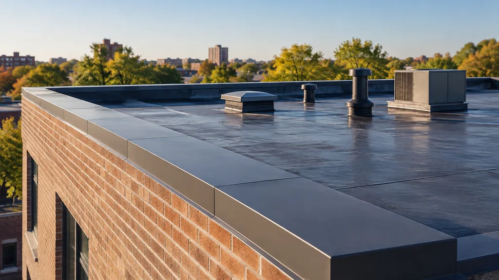 An empty roof surface: a flat membrane roof on a brick multifamily building with a neat parapet under clear morning light