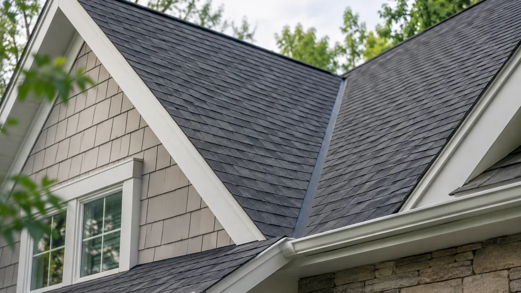 An empty roof surface: a steep asphalt-shingle roof valley on a new suburban house under soft Carolina spring light