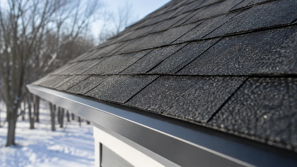 An empty roof surface: a dark asphalt-shingle roof edge with a clean metal drip edge under cold clear Michigan light