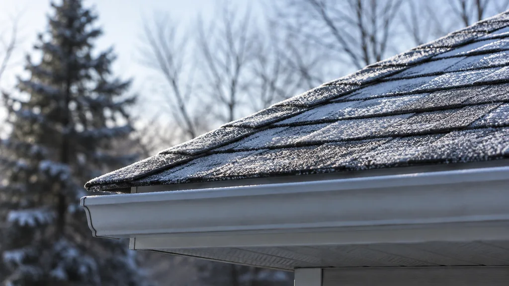 An empty roof surface: a pitched shingle roof eave with a light dusting of frost under crisp Minnesota winter light