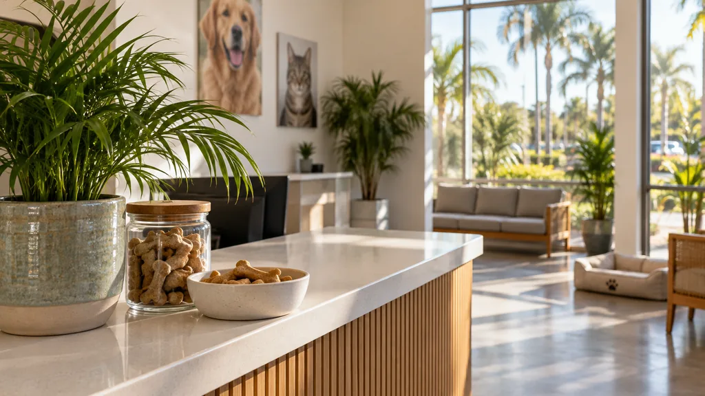 Veterinary clinic setting: a bright veterinary clinic reception counter with a potted palm, a bowl of dog treats and warm Florida afternoon light through tall windows