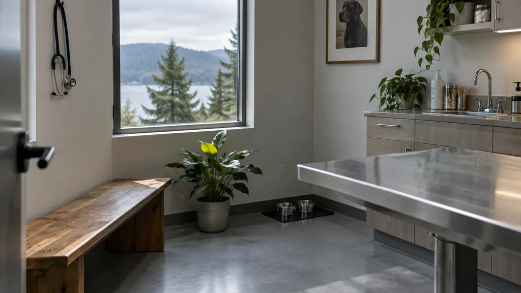 Veterinary clinic setting: an empty veterinary exam room with a wooden bench, a stethoscope on a hook and cool grey Pacific Northwest daylight on the floor