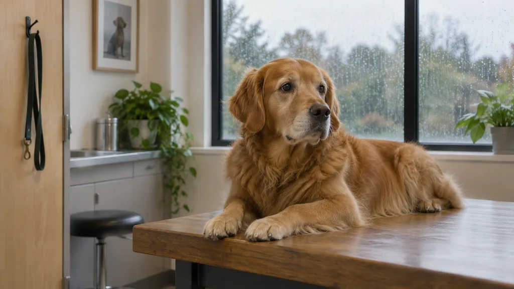 Veterinary clinic setting: a calm veterinary consult room with a wooden table, a leash hanging by the door and soft rainy-day window light
