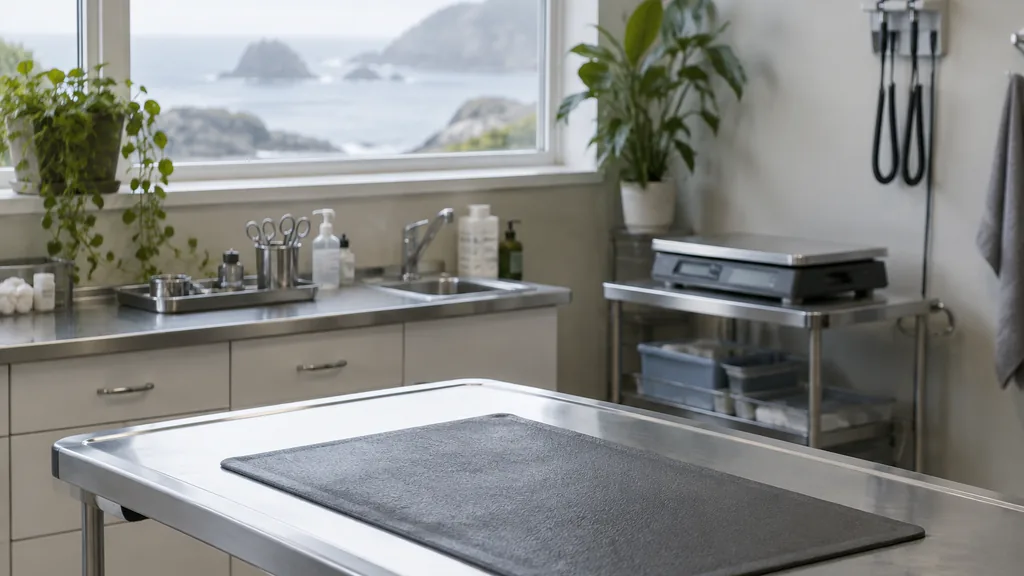 Veterinary clinic setting: a compact veterinary treatment area with a scale, clean instrument trays and soft foggy coastal light from a high window