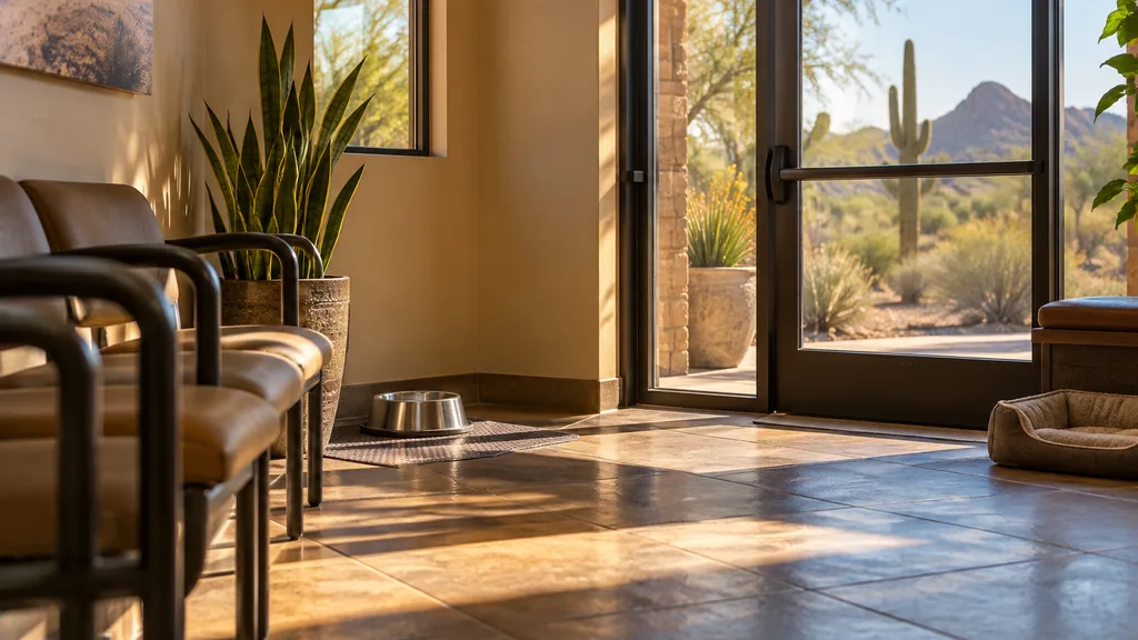 Veterinary clinic setting: a veterinary clinic waiting area with desert-toned walls, a water bowl by the door and strong golden Arizona light across tiled floor
