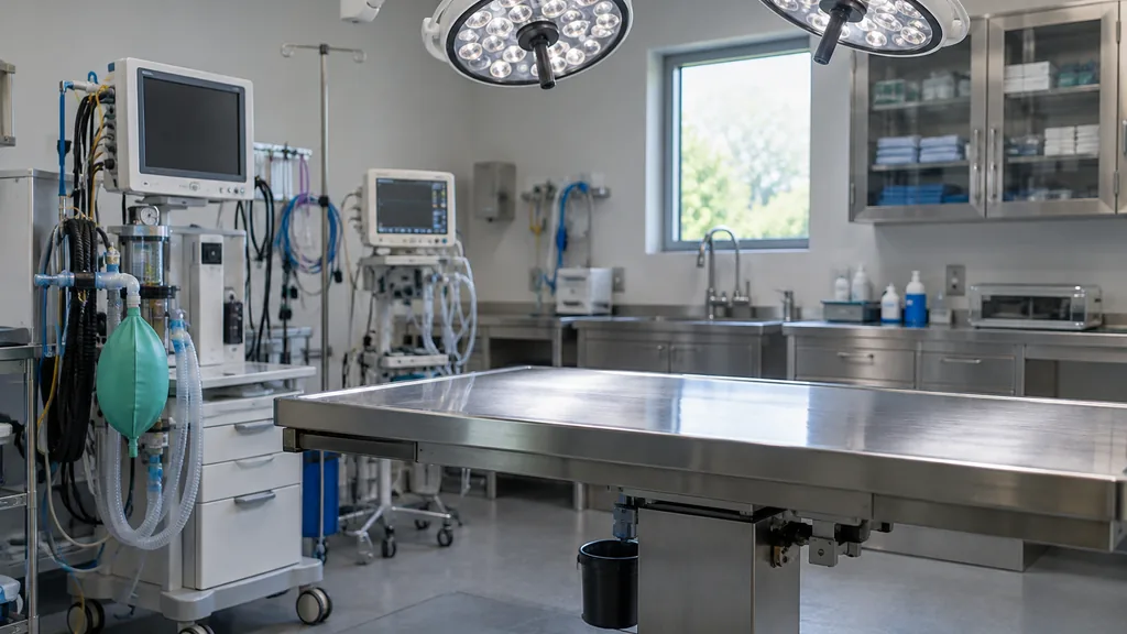 Veterinary clinic setting: a clean animal hospital surgery prep room with a steel table, neatly coiled monitor cables and cool even light from overhead panels