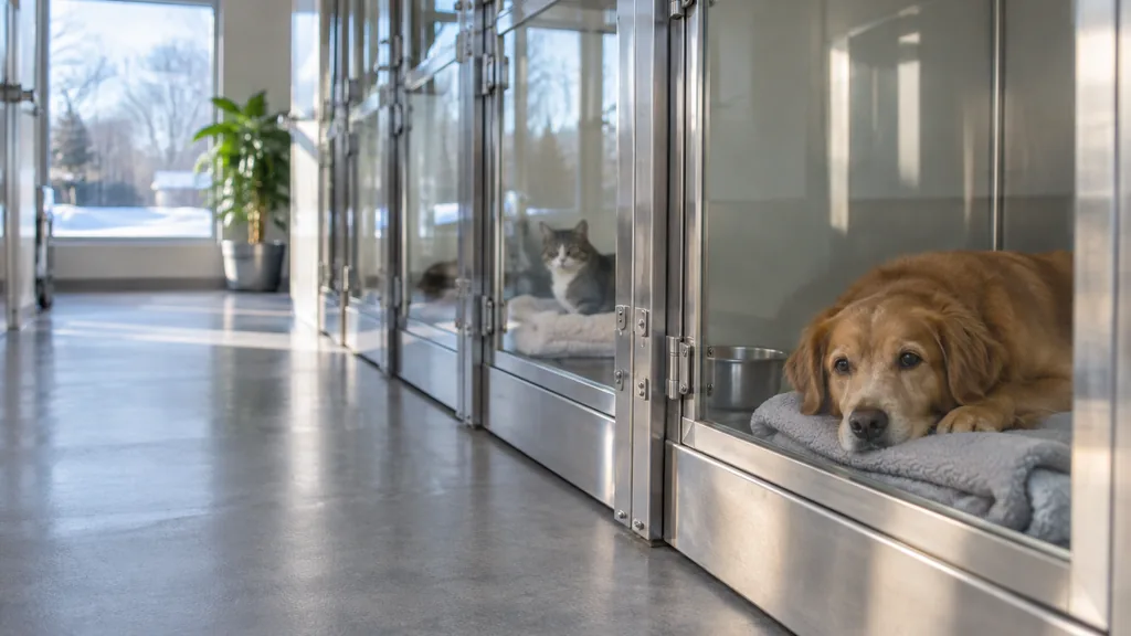 Veterinary clinic setting: a modern animal hospital corridor with glass-fronted recovery kennels, a folded fleece blanket and crisp winter daylight
