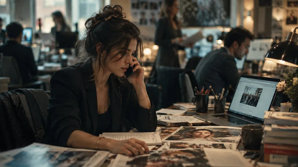 Publicist on a phone call in a busy agency office with press clippings and a laptop showing a news article