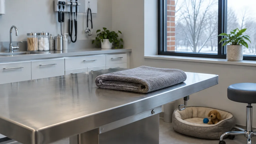 Veterinary clinic setting: a tidy veterinary exam room with a steel table, a folded grey towel and pale winter light through a brick-framed window