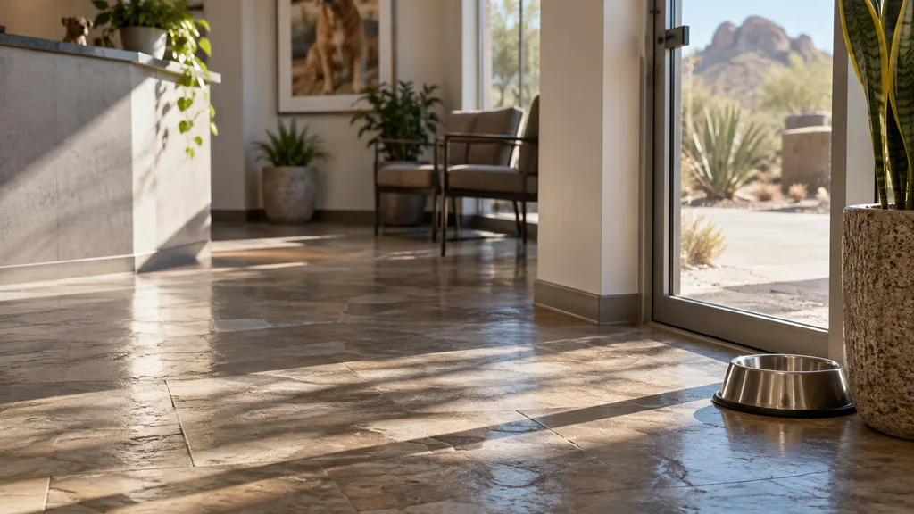 Veterinary clinic setting: a bright veterinary clinic lobby with stone floor tiles, a water bowl by the glass door and hard desert afternoon light