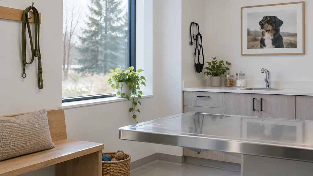 Veterinary clinic setting: a calm veterinary consult room with a light wood bench, a hanging leash and cool northern daylight on white walls