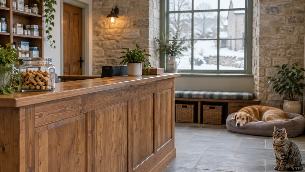 Veterinary clinic setting: a small animal clinic reception in an old stone building with a wooden counter, a jar of treats and soft snowy daylight