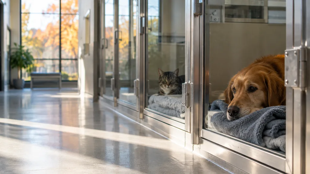 Veterinary clinic setting: a quiet animal hospital hallway with recovery kennels behind glass, a folded fleece blanket and crisp autumn daylight