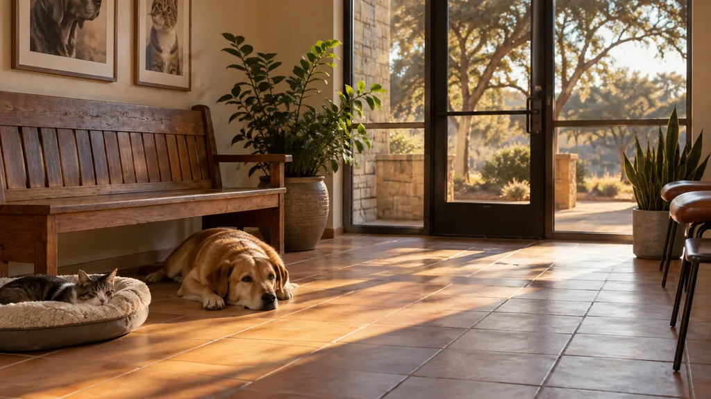 Veterinary clinic setting: a veterinary waiting room with terracotta tiles, a wooden bench and warm Texas late-afternoon light across the floor