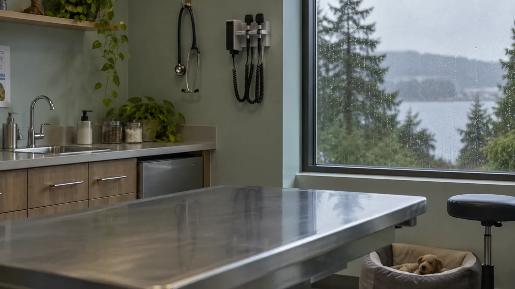 Veterinary clinic setting: an empty veterinary exam room with a steel table, a stethoscope on a hook and soft rainy West Coast light from a tall window