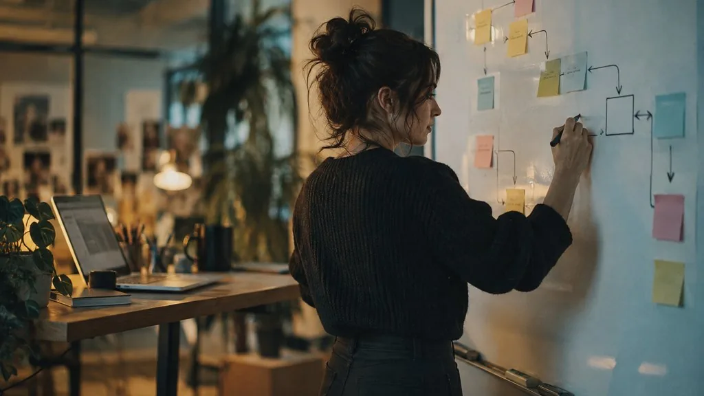 Marketing operations manager mapping a CRM workflow on a whiteboard with sticky notes and arrows