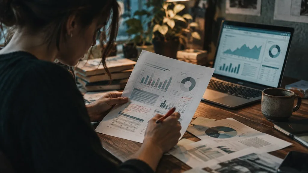 Analyst reviewing a printed marketing audit report with red pen notes next to a laptop analytics dashboard