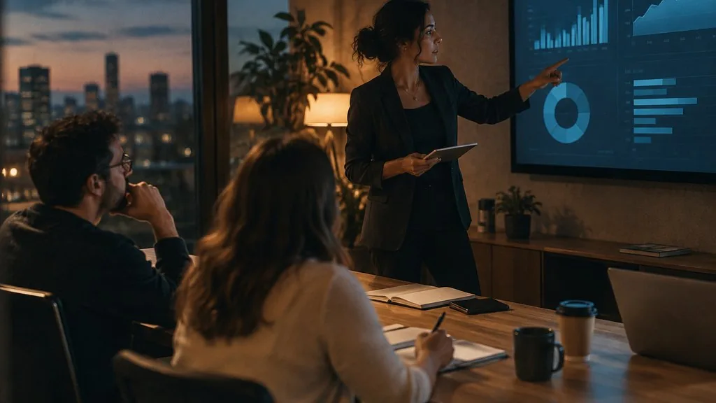 Marketing lead presenting a KPI dashboard on a wall screen to two colleagues in a meeting room at dusk