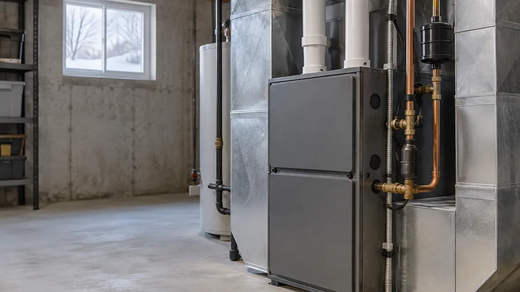 HVAC setting: a clean basement mechanical room with a new high-efficiency furnace, copper refrigerant lines and pale winter light from a small window