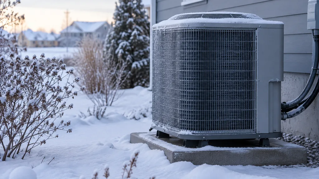HVAC setting: a snowy suburban side yard with a heat pump condenser on a concrete pad, frost on the fins and cold blue morning light