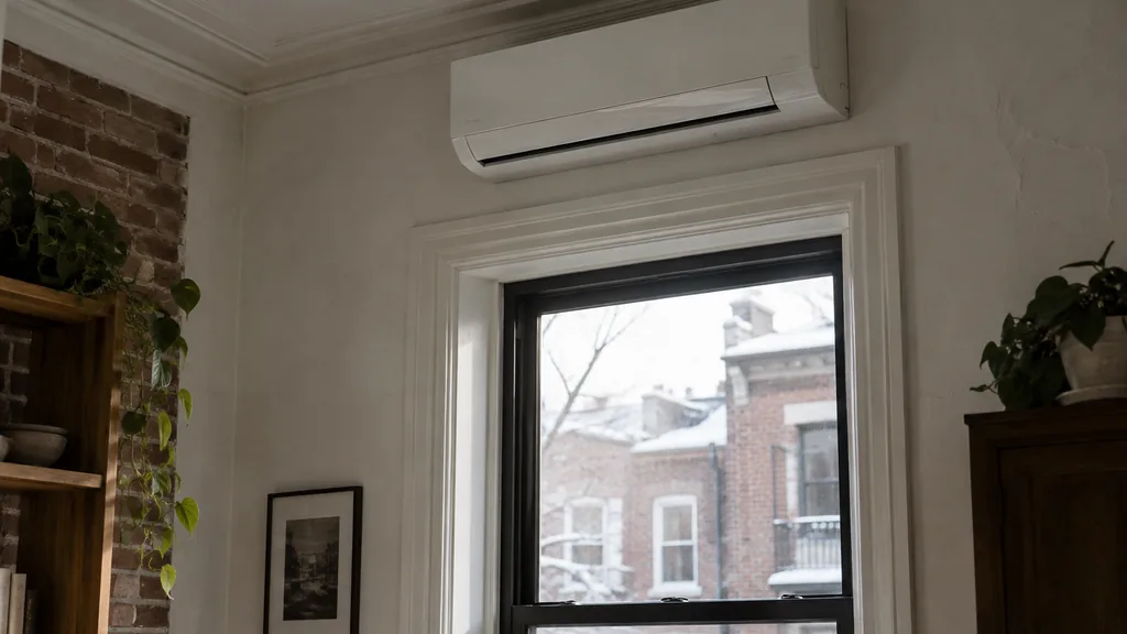HVAC setting: a wall-mounted ductless heat pump head above a window in an old Montreal plex apartment with plaster walls and soft snowy daylight