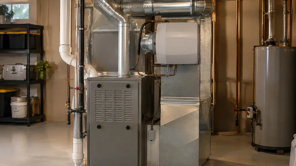 HVAC setting: a tidy utility room with a gas furnace, a humidifier and neatly strapped ductwork under warm work-light